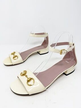 Gucci Horsebit Patent Leather Ankle Strap Flat Sandals Womens Size EU 38